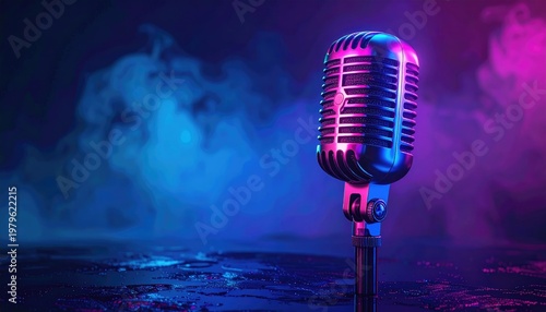 Retro Microphone Illuminated by Neon Lights with Smoke Effects.