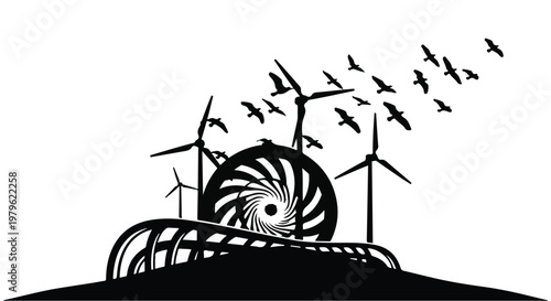 Wind turbines spin on a grassy hill as birds fly across the clean energy site.