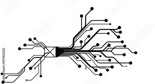 Circuit board pathways connect to a central node representing digital data flow.