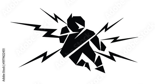 Superhero silhouette stands amidst powerful bolts of crackling electrical energy.