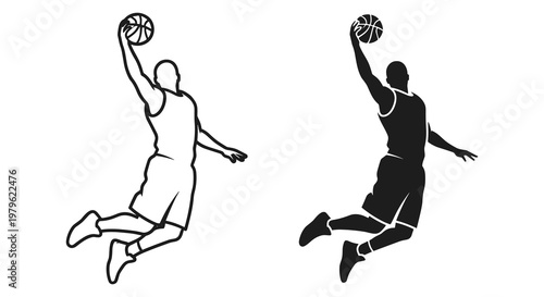 Basketball player executing a slam dunk in outlined and filled versions vector