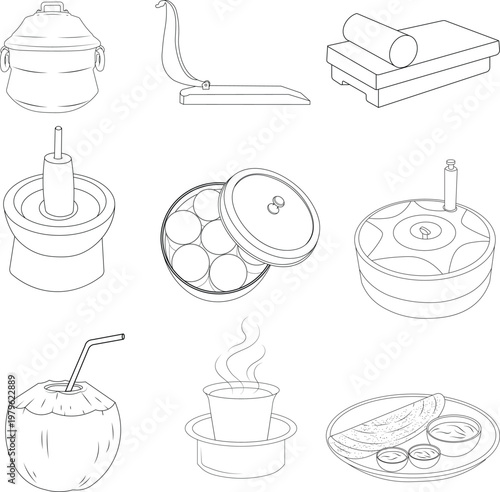 Traditional South Indian kitchen utensils, cooking tools, and food line art vector illustration set