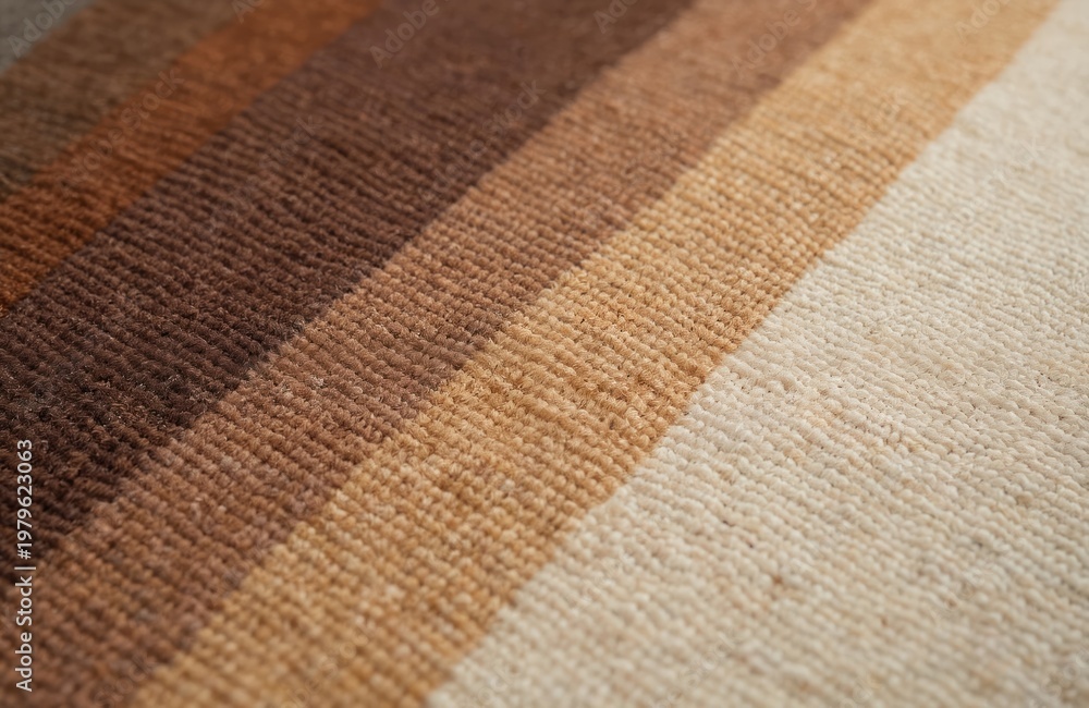 Fototapeta premium Close view of woven rug texture with brown and ecru color stripes. Natural wool fabric with visible threads and knots detail. Neutral background for home decor.