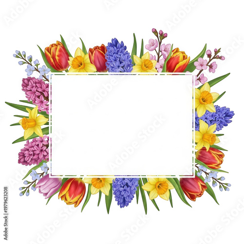 Vibrant floral frame with tulips, daffodils, and hyacinths isolated on transparent background