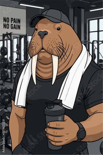 Walrus athlete with towel gym break
Walrus athlete with towel taking gym break with water bottle in sophisticated terracotta and sage morandi tones.