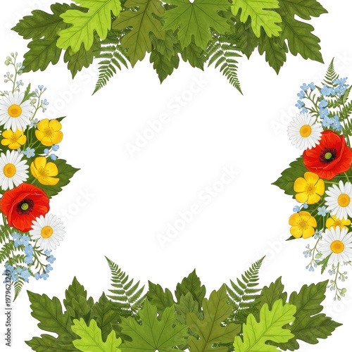 Floral wreath with wildflowers and green leaves isolated on transparent background
