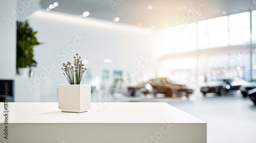 Reception desk surface showcasing a decorative plant, creating a welcoming and modern atmosphere in a blurred luxury car showroom