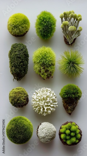 Vibrant Green Moss Balls and White Floral Forms on White Background