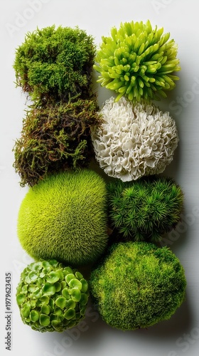 Vibrant Green Moss Balls and White Floral Forms on White Background