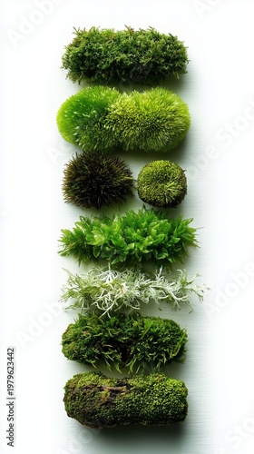 Vibrant Green Moss Balls and White Floral Forms on White Background