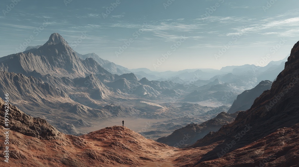 Fototapeta premium Distant human figure in the vast, desolate mountainous landscape under cloudy sky.