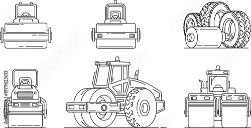 Construction Road Roller Icon Set Featuring Various Machinery Views for Infrastructure and Engineering Design Projects