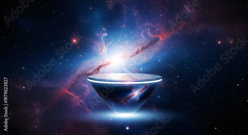 Futuristic podium floating in vibrant nebula and galaxy, cosmic background with stars and glowing light.