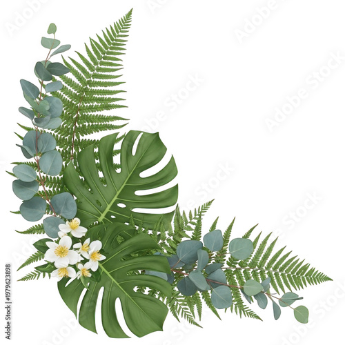 Tropical monstera leaves and blue berries floral arrangement isolated on transparent background