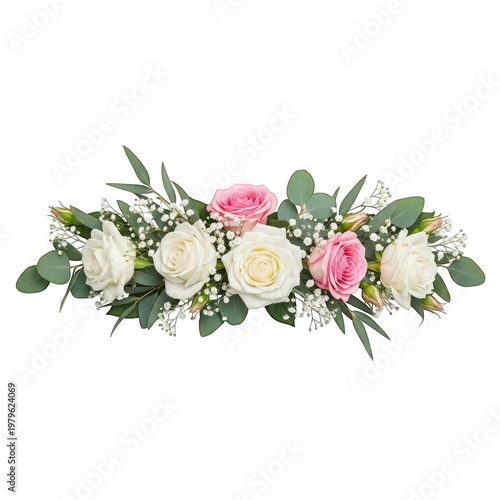 Elegant floral garland with pink and white roses and eucalyptus isolated on transparent background