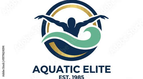 Modern and premium vector logo for an aquatic sports organization, showcasing a dynamic swimmer figure within a wave motif, perfect for elite training and clubs