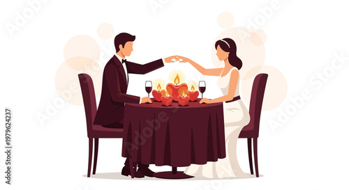 Couple exchanging rings on romantic dinner date, candlelight, hearts, wedding, engagement