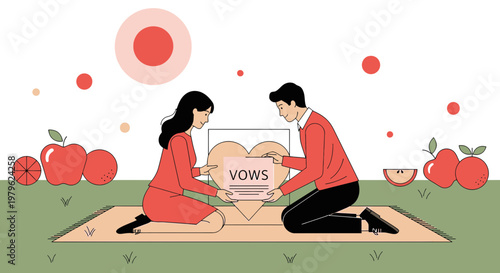 Couple Exchanging Vows with Heart Illustration on Picnic Blanket