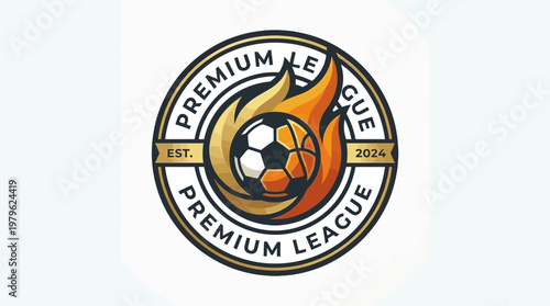 Dynamic premium championship league emblem featuring a fiery football design within a circular badge, symbolizing top-tier athletic competition and a quest for the trophy