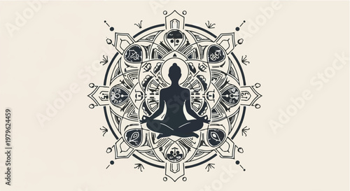 Meditating person sits in a lotus position within a detailed circular mandala.
