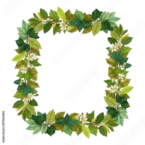 Green leafy wreath with white flowers isolated on transparent background