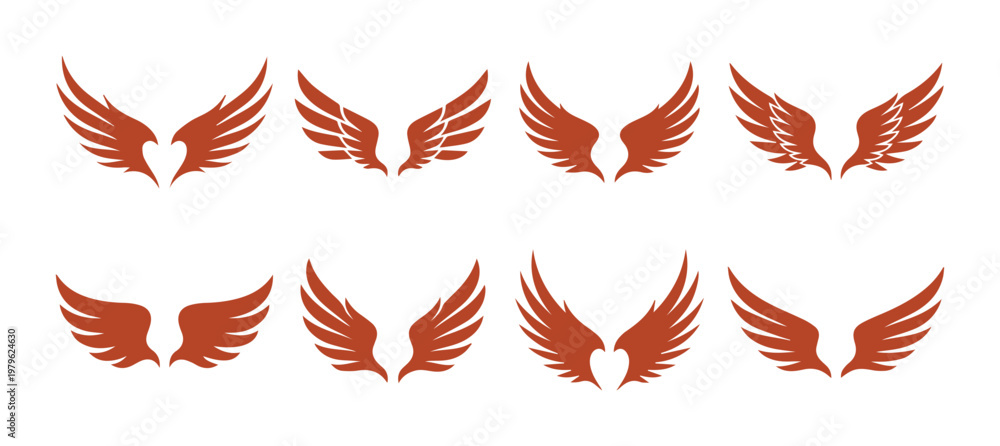 Obraz premium Elegant Wing Vector Set, 8 pairs of stylized brown wings, classic feather designs, ideal for logos, emblems, and graphic design projects, isolated on white background