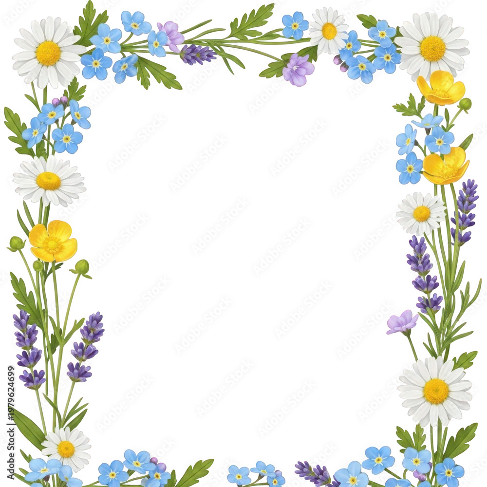 Fototapeta premium Floral wreath with daisies, cornflowers, and lavender isolated on transparent background