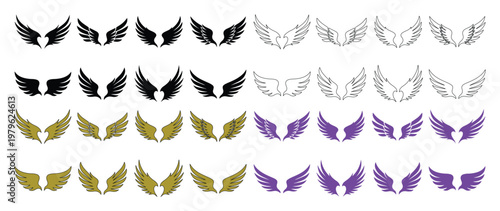 Stylized angel wings vector set, diverse feather designs in black, gold, purple, and outline styles, perfect for logo design and graphic elements