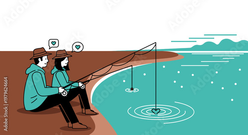 Couple Fishing Together, Love Hearts Symbolizing Relationship, Peaceful Outdoor Activity