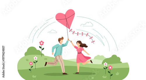 Couple Flying Heart Kite in Summer Meadow - Love and Romance Illustration