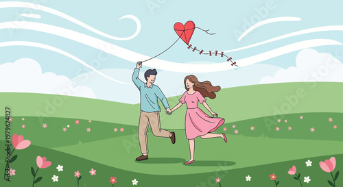 Couple flying heart kite on green hill, love and romance illustration