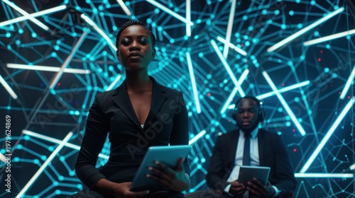 Professional Young Woman Holding Tablet in Futuristic Tech Environment with Blue Neon Lights