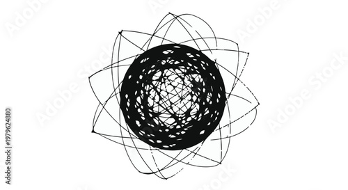 Atom model displays orbiting electrons around a dense central nucleus in black ink.