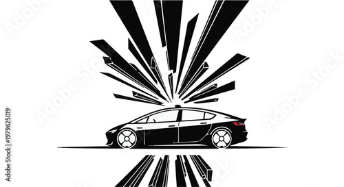 Electric car silhouette accelerates forward with dynamic lines on white background.