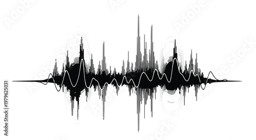 Digital sound equalizer displaying fluctuating audio waves and frequencies in shades of gray and white against a clean background, representing sound technology.