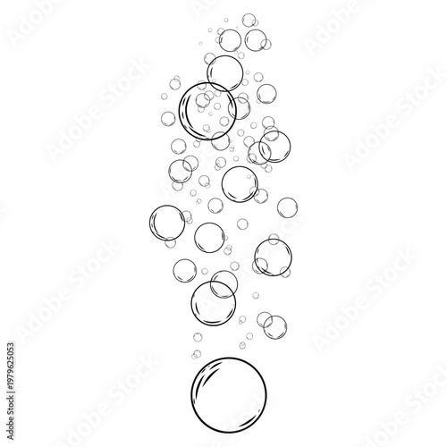 Hand drawn stylized floating bubbles rising upwards. Air water bubbles for soda effect, champagne bubbles, fizzy air, gas or clean oxygen bubbles under sea water. Water drops pattern.