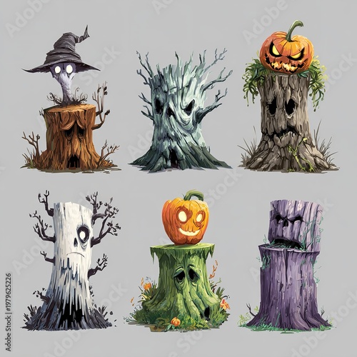 Cartoon illustrations of various trees with carved faces and spooky Halloween pumpkins