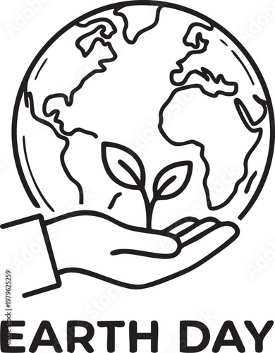 Earth day icon with a hand holding a globe and a small plant sprout, representing environmental protection, sustainability, and nature conservation