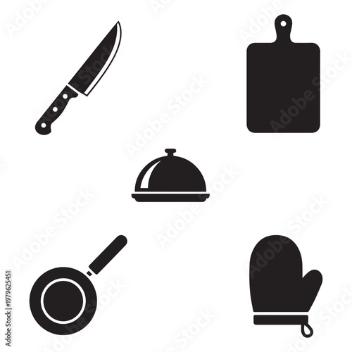 Black silhouette kitchen utensil set knife cutting board serving cloche frying pan oven mitt isolated on white background flat vector illustration