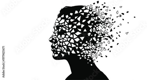 Profile silhouette of a woman shatters into geometric shards representing anxiety.