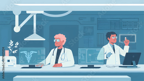 Two doctors in white coats working at computer monitors in a blue-toned medical laboratory setting