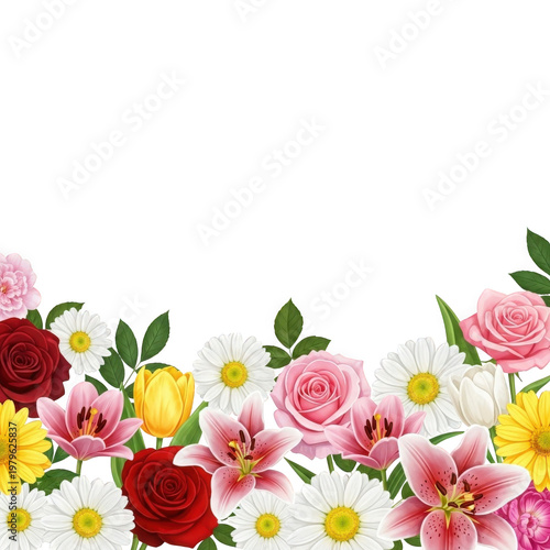 Colorful spring flower bouquet with roses, lilies, and daisies isolated on transparent background