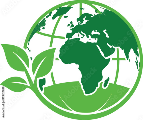 Green globe icon with leaves, ecofriendly concept, environmental protection, sustainable development, nature conservation, earth day symbol