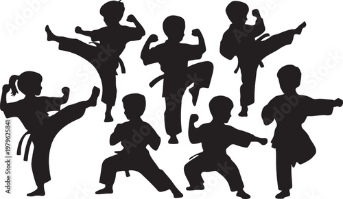 Children Karate Silhouette Set in Dynamic Fighting Poses, vector and illustration Silhouettes