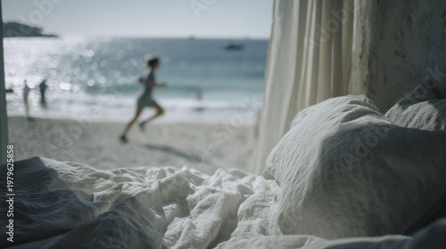 Relaxed Woman Running on Beach Near Shoreline in Bright Summer Day