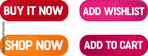 E-commerce Call to Action Button Set: Buy It Now, Add to Cart, Shop Now, and Add to Wishlist in Modern Gradients