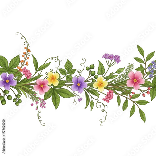 Floral vine garland with pink, purple, and yellow flowers isolated on transparent background