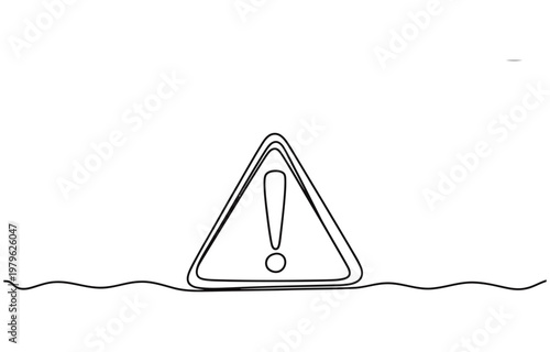 Continuous one line drawing of a warning triangle sign with an exclamation mark.