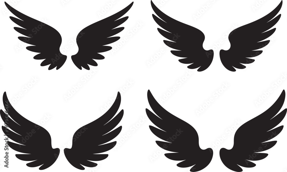 Fototapeta premium Set of Wings Silhouette – Angel and Bird Wing Symbol Black Vector Illustration