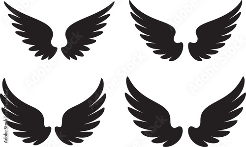 Set of Wings Silhouette – Angel and Bird Wing Symbol Black Vector Illustration